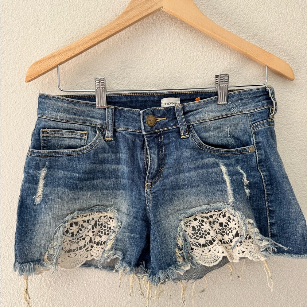 Denim Distressed Shorts with Lace Accents low rise size M